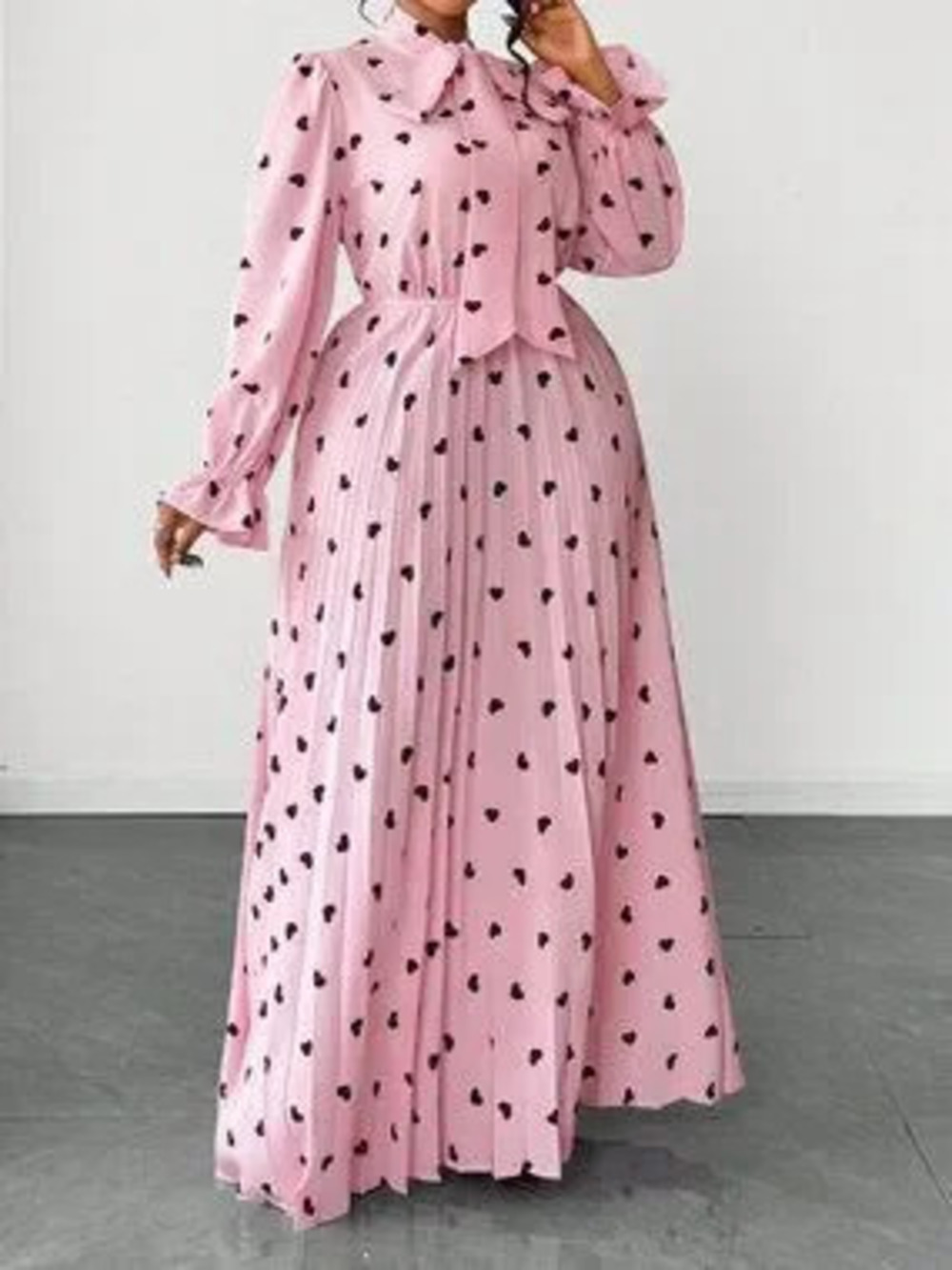 Baby Pink Elegant Women's Plus Size Polka Dot Ruffle Casual Dress